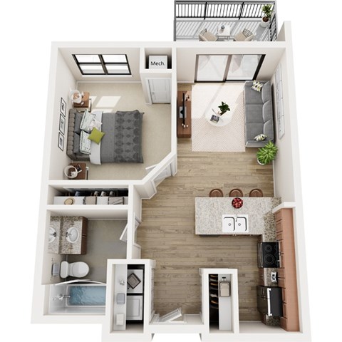 Floor plan for 1 bed, 1 bath, 726 sqft